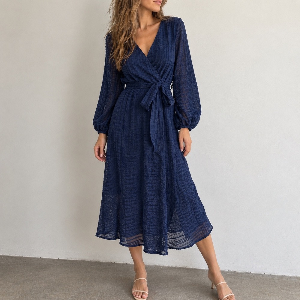 NSR Navy Sheer Midi Dress XS Wrap Tie Waist Romantic Wedding Guest Cckt